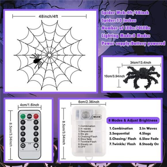 Halloween Decorations Spider Web Lights - 4FT Diameter 70 LED with Black Spider - Picture 4 of 7